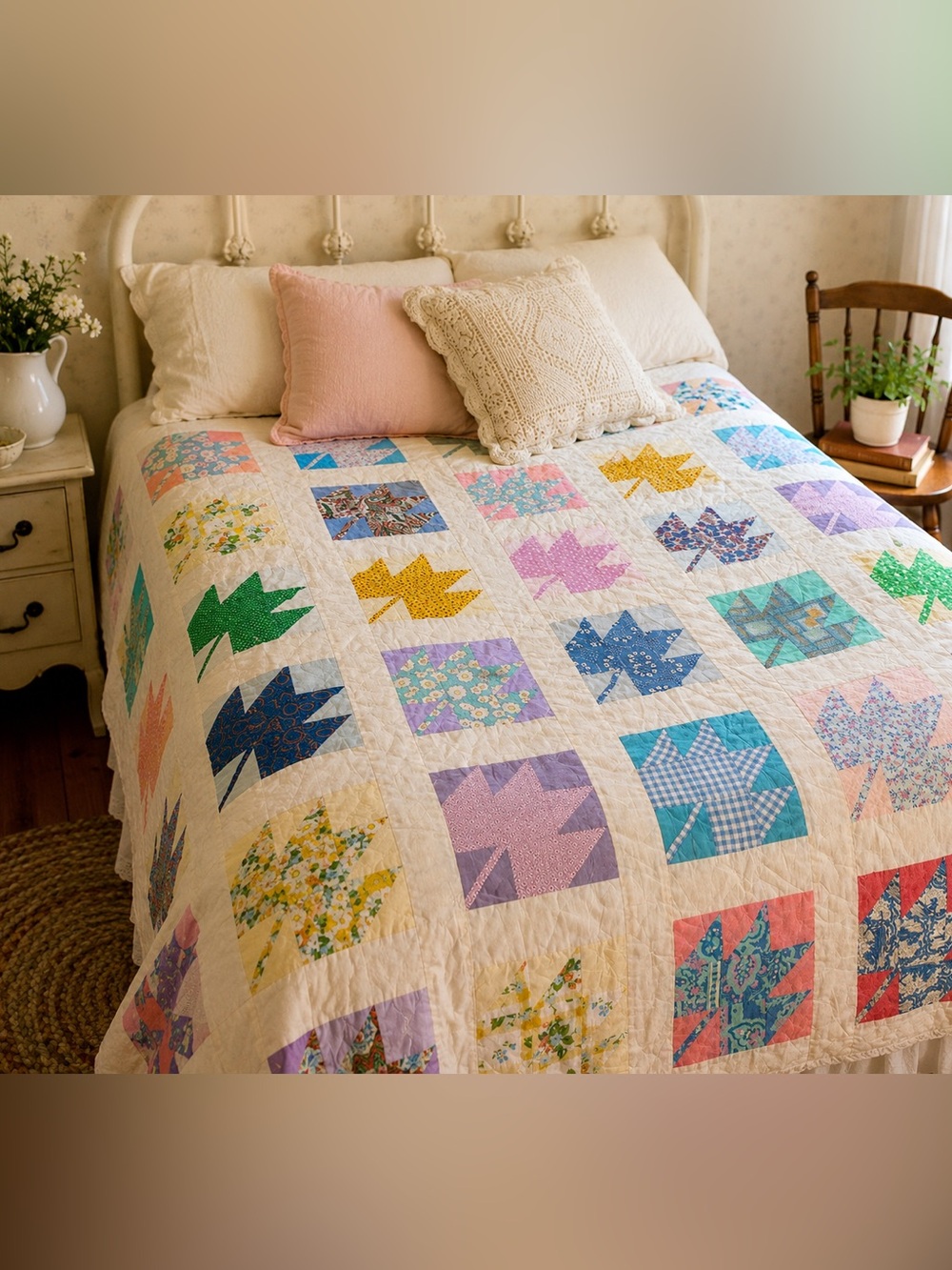 Vintage Handmade Maple Leaf Patchwork Quilt Cottage Farmhouse